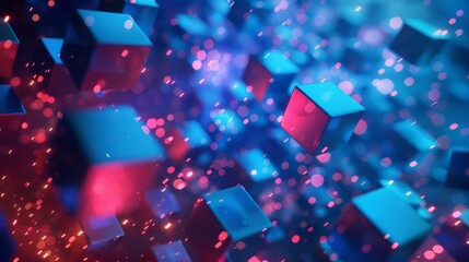 Abstract floating cubes with neon glow