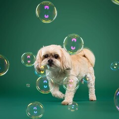 Beautiful shih tzu x Pomeranian mix dog isolated on green background. looking at camera .front...
