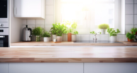 Fototapeta na wymiar Blur selective focus of Wood table top counter bar with window and fresh garden in morning.contemporary background