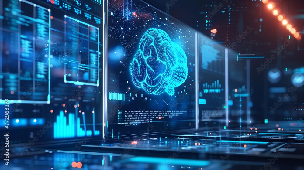 Poster artificial intelligence ai helps analyze data on computer screens.