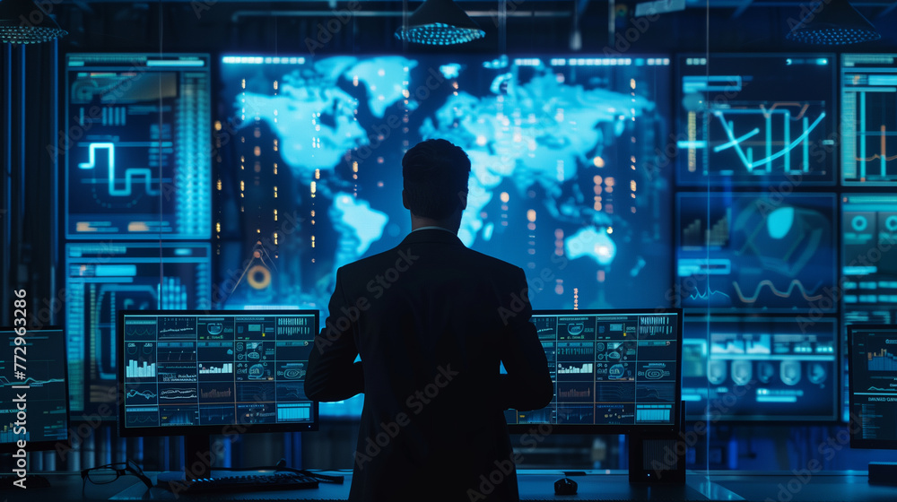 Poster artificial intelligence ai helps analyze data on computer screens.
