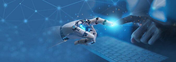 AI, Machine learning, Hands of robot 3d  and human touching on big data network connection...
