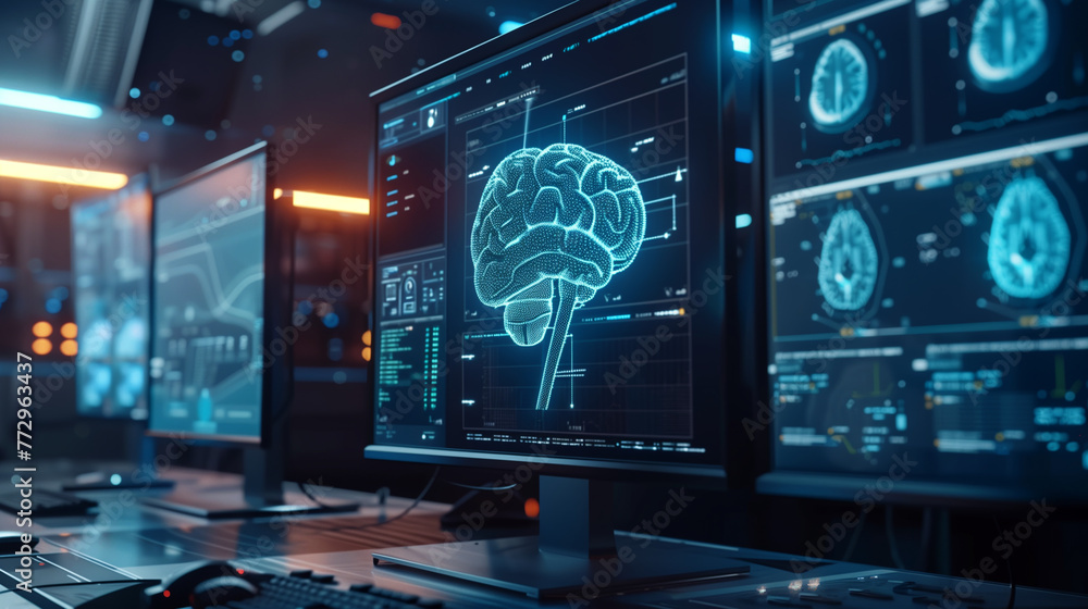 Poster artificial intelligence ai helps analyze data on computer screens.