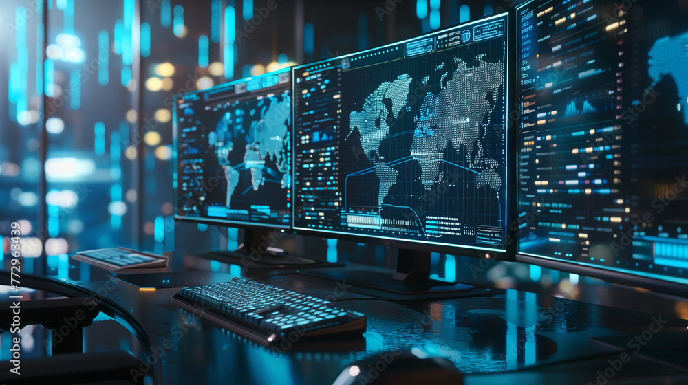 Poster artificial intelligence ai helps analyze data on computer screens.