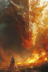A Warrior and a Mage battling a giant dragon in a fiery cavern - obrazy, fototapety, plakaty