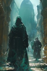An Assassin silently eliminating a Sorcerer in a shadowy alley
