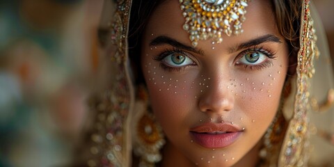 An alluring portrait of a gorgeous Indian bride in traditional attire, adorned with luxurious jewelry. - obrazy, fototapety, plakaty