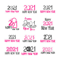 Fototapeta na wymiar Big set of 2021 Happy New Year logo text design in hand drawn style. Design concept for Chinese New Year holiday card, banner, poster, decor element. Winter Christmas holiday symbol. Vector