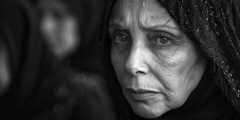 In a rural village, a senior Indian woman wears a black veil, portraying mourning and sadness.