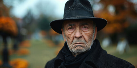 A sorrowful portrait of a retired gentleman, adorned with a hat, in a graveyard setting.