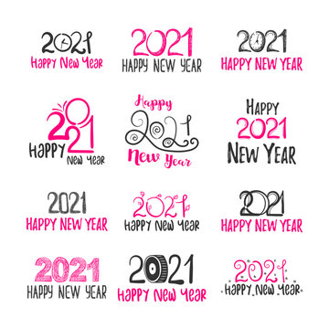 Big set of 2021 Happy New Year logo text design in hand drawn style. Design concept for Chinese New Year holiday card, banner, poster, decor element. Winter Christmas holiday symbol. Vector