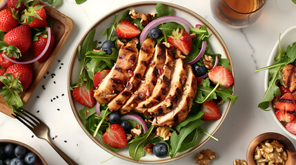 Healthy Caesar salad with chicken, tomatoes and lettuce ,Grilled chicken breast served with peaches, blueberries, arugula and cheese close-up on a plate on the table
 - obrazy, fototapety, plakaty