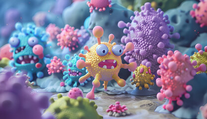 Bacteria, microbes,  germs and viruses  cartoon characters. - obrazy, fototapety, plakaty