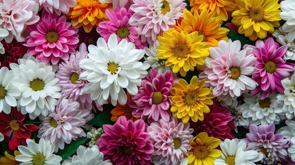 Colorful Bouquet of Chrysanthemums. Variety of Blooms. Perfect for Decoration, Celebration, Backgrounds. Natural Beauty. Vibrant Colors. Fresh Floral Texture. AI - obrazy, fototapety, plakaty