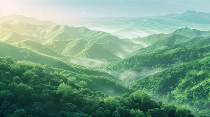 Papier Peint photo Lavable Olive verte A serene mountain landscape with lush greenery and a hint of fog, perfect for a summer evening hike. Generative AI