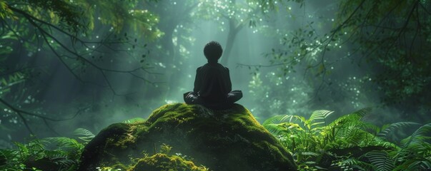 Person meditating in a tranquil forest scene - obrazy, fototapety, plakaty