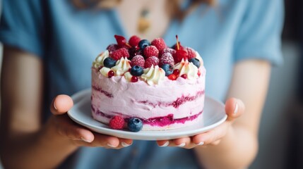 A woman is holding a plate with a pink cake on it