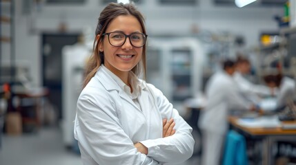 Confident Female Engineer Smiling in Industrial Workspace. Professional in White Coat at Manufacturing Plant. Industrial Team in the Background. AI