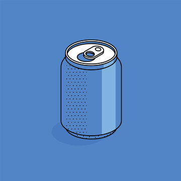 Isometric soda can illustration. Blue color background. web element, backdrop, bottle template.
