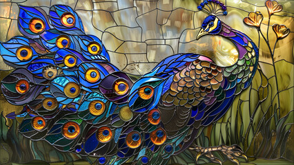 Stained Glass Peacock on Grass