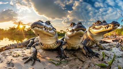 A group of crocodiles basking on a sandy beach, soaking up the sun and blending into their surroundings