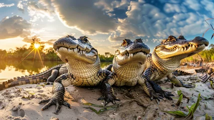 Fototapeten A group of crocodiles basking on a sandy beach, soaking up the sun and blending into their surroundings © Anoo