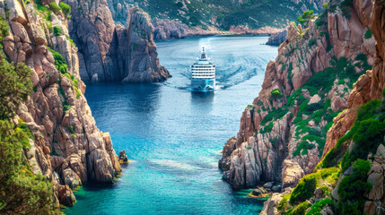 A cruise ship sails through the water, passing close to a rugged rocky shore in a tropical bay - obrazy, fototapety, plakaty