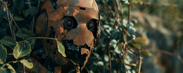 Obraz premium Rusty robot head camouflaged in greenery