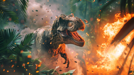 A dinosaur stands in the center of a raging fire, highlighting the intense destruction of its...