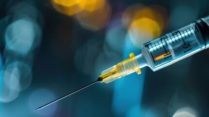 A close-up of a syringe filled with medication.  - obrazy, fototapety, plakaty