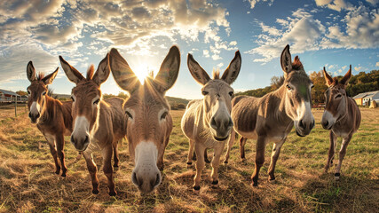 A group of donkeys gathered together in a field, standing and observing their surroundings