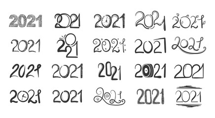 Big set of 2021 Happy New Year logo text design in hand drawn style. Design concept for Chinese New Year holiday card, banner, poster, decor element. Winter Christmas holiday symbol