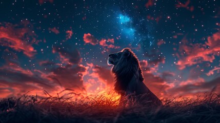 Lion gazing at the stars with sunset and clouds in the background
