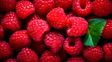 Raspberries with a leaf in close up