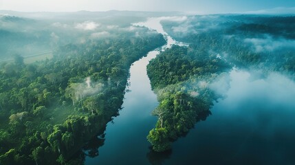 River in Rainforest Landscape from Drone View. Green Jungle Scene of Nature and Water Stream -...