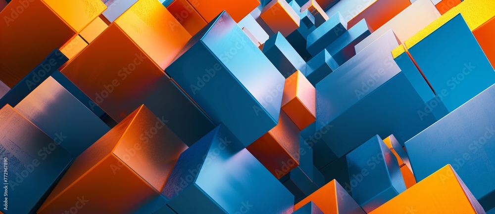 Poster neon blue and orange blocks a vibrant display of 3d cubes generative ai