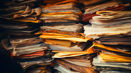 A pile of documents on a shelf