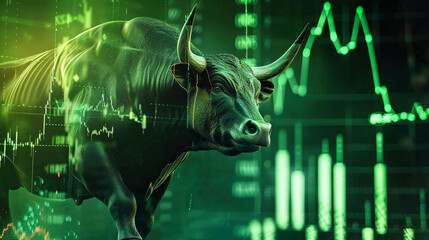 A bull stands confidently in front of a detailed stock chart, symbolizing bullish market sentiment and positive growth in the stock exchange
