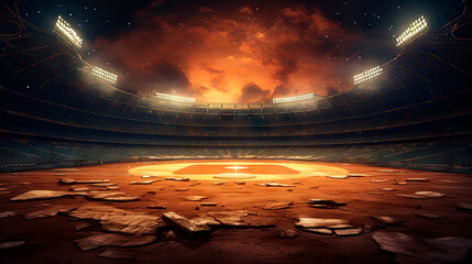 Baseball stadium cluttered with debris and a large field - obrazy, fototapety, plakaty