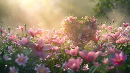 Wandaufkleber A serene, sunlit meadow filled with pink spring flowers kissed by the morning light. Flowers grow in the shape of a heart © tashechka
