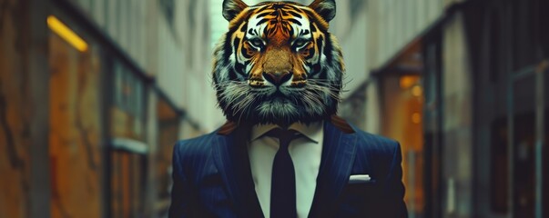 Fototapeta na wymiar Surreal portrait of a man with a tiger's head in a suit
