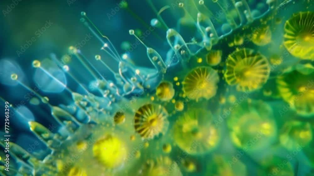 Poster an upclose view of a diatom colony resembling a dazzling crystal with its intricate structures and s