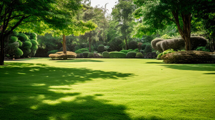Green lawn surrounded by trees and bushes