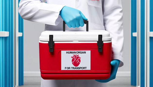 Doctor carrying a cooler box for organ transport doctor ensures swift and safe organ transport using specialized cooler box, optimizing life-saving medical procedures
