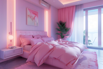 modern pastel pink  minimalist fluffy bedroom interior design