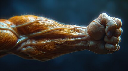 a muscular arm with highlighted biceps, showing the muscle fibers - obrazy, fototapety, plakaty