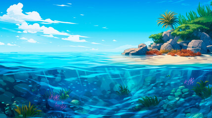 Fototapeta na wymiar Cartoon underwater scene with rocks and plant life
