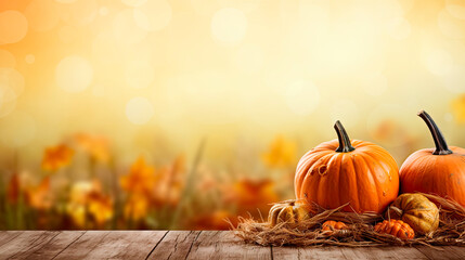 Two pumpkins and gourds on a wooden table with a blurred background