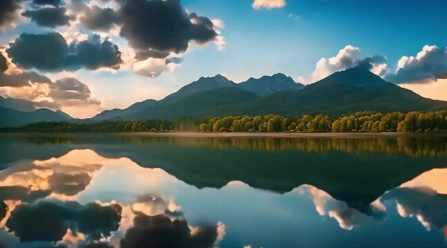 sunset on a scenic mountain lake with a dramatic sky. nature scene