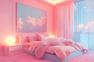 modern pastel pink  minimalist fluffy bedroom interior design